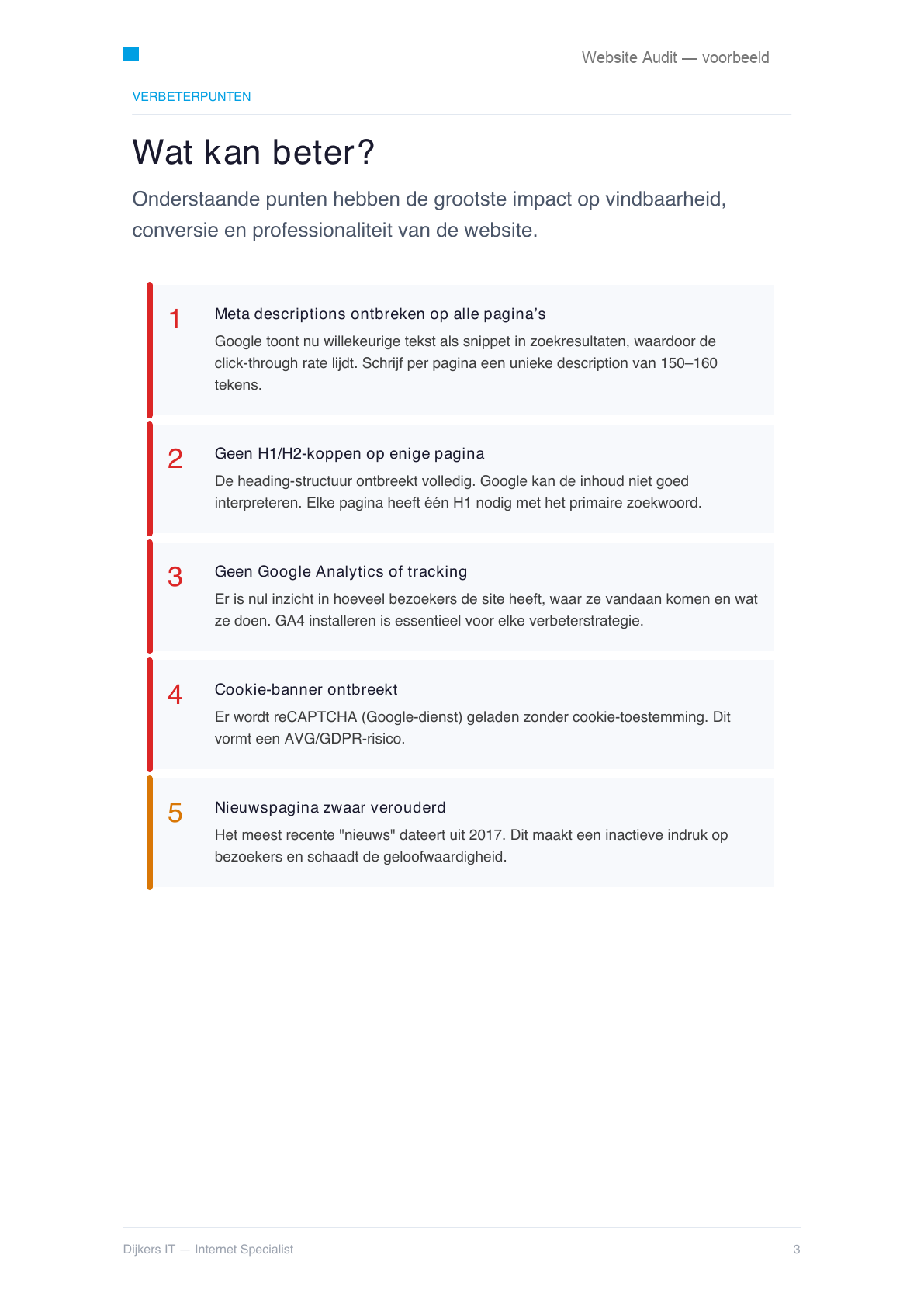 Pagina "Wat kan beter?" met vijf genummerde verbeterpunten